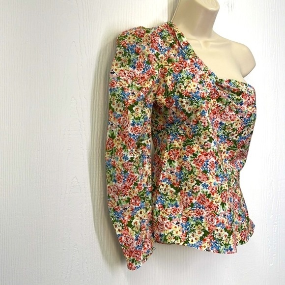 Zara - Bright Colorful Floral One Shoulder Puffed Sleeve Blouse Size XS - Picture 4 of 9